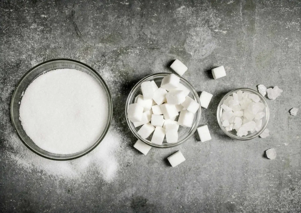 Three types of crystalline fructose in bowls